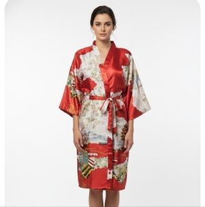 Tang Yi Robe Kimono Red White Asian Geisha Satin Lounge S